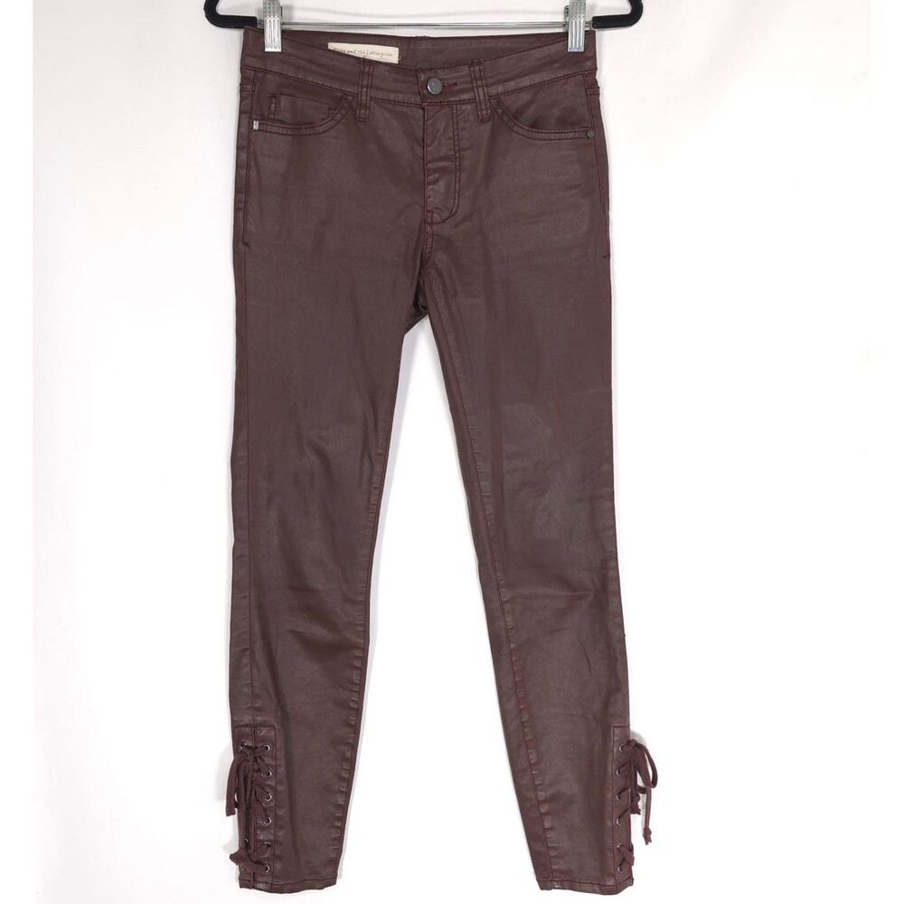 ANTHROPOLOGIE PILCRO Pants Women 25 Burgundy Coated Lace Up Ankle Skinny Stretch